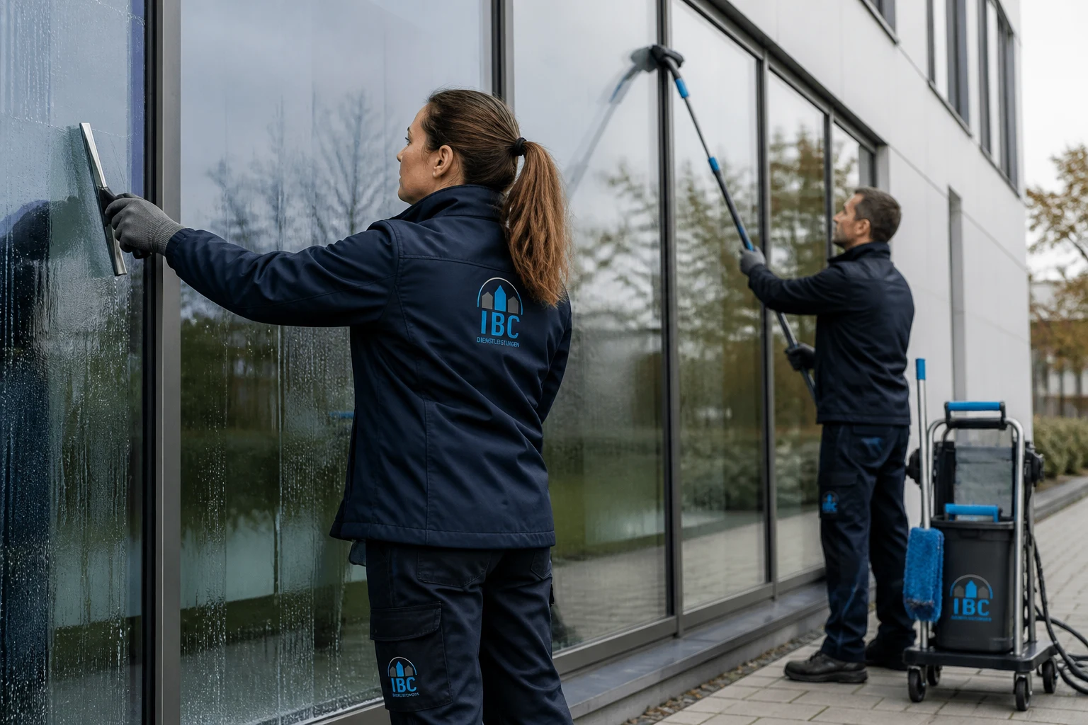 IBC Team bei der professionellen Glasreinigung einer Gewerbeimmobilie
