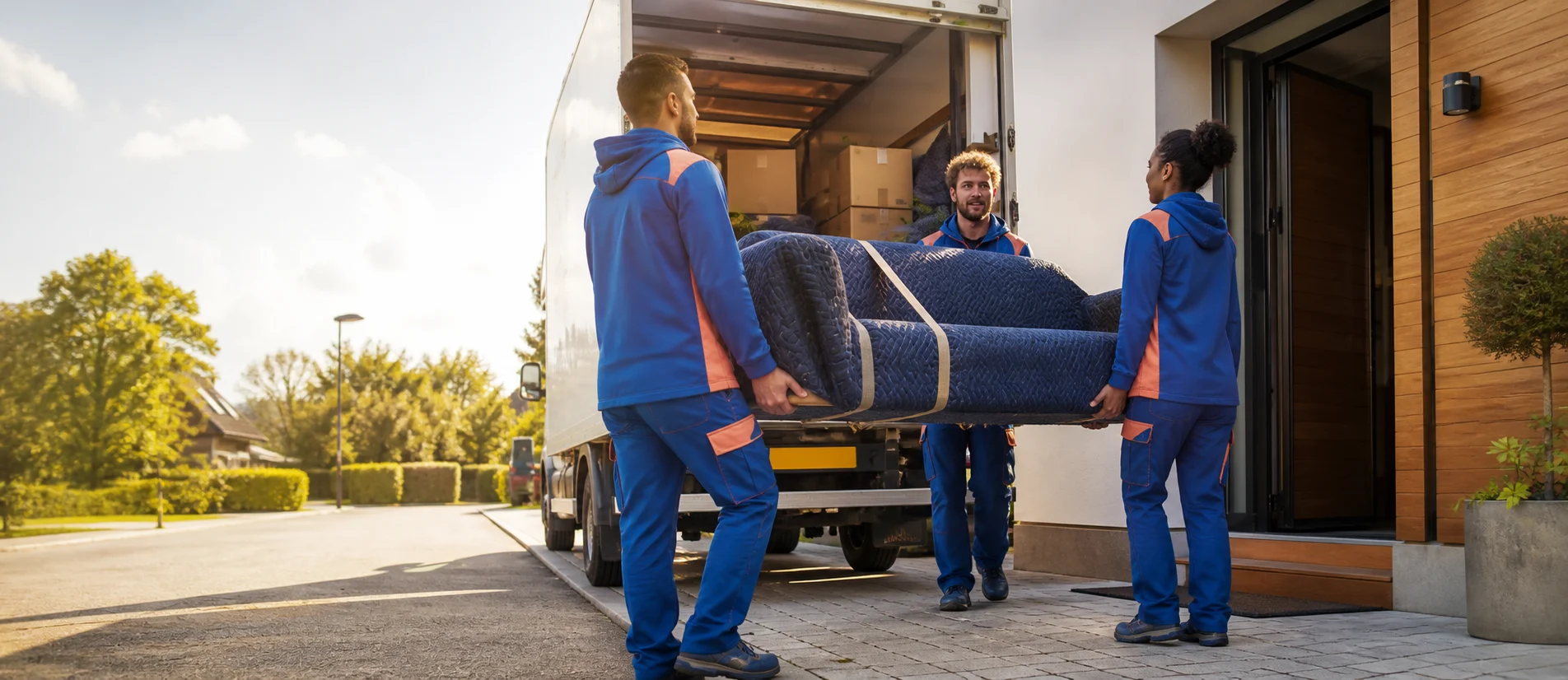 Umzugshelfer transportieren ein geschütztes Sofa in ein neues Zuhause